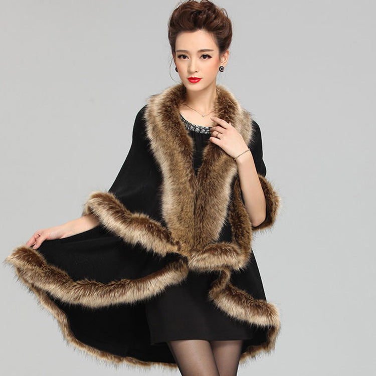 Faux Fur Collar Knitted Shawl Coat Mid-length