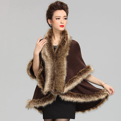 Faux Fur Collar Knitted Shawl Coat Mid-length