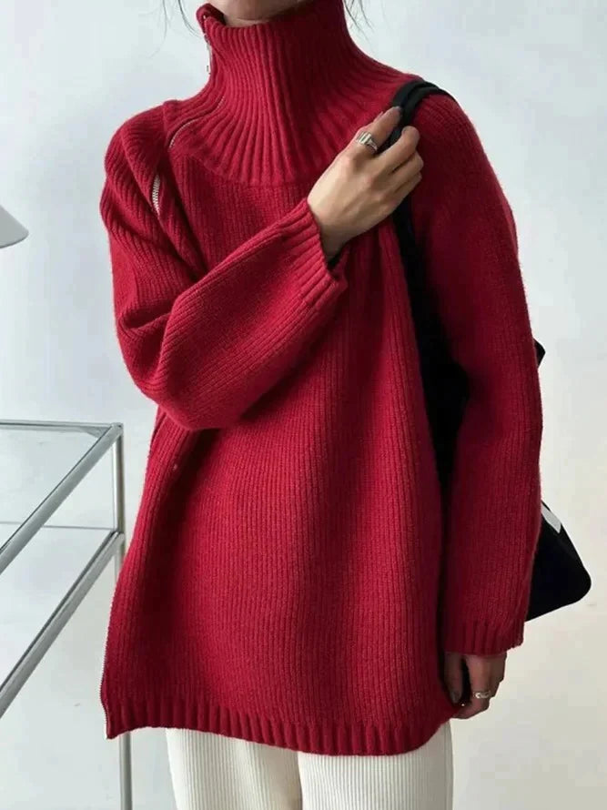 Karen - Red Plain Sweater with High Neck