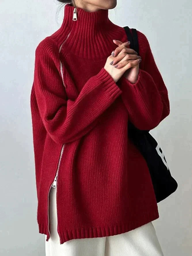 Karen - Red Plain Sweater with High Neck